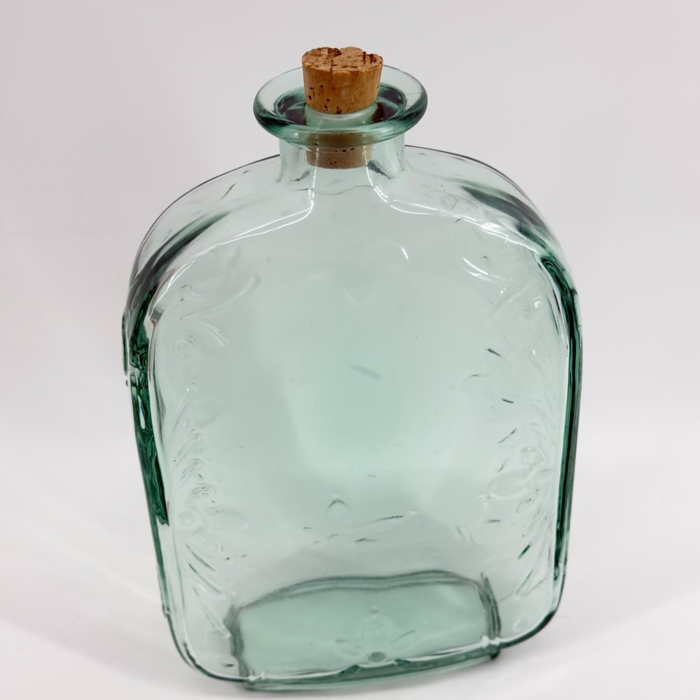 Aqua Green Glass Embossed Flask Bottle Floral Canada Stamped with Cork